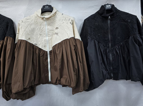 Luxury Lace Mesh Trim Zip Blouson Long Sleeve Jacket