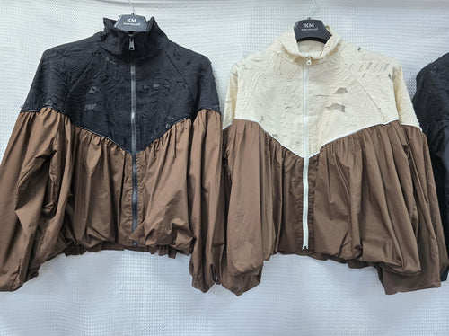 Luxury Lace Mesh Trim Zip Blouson Long Sleeve Jacket