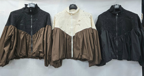 Luxury Lace Mesh Trim Zip Blouson Long Sleeve Jacket