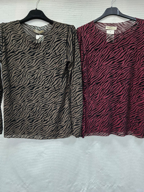 Textured Sheer Zebra Crew Neck Blouse