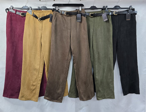 Suedette Plain Straight Leg Belted Trousers