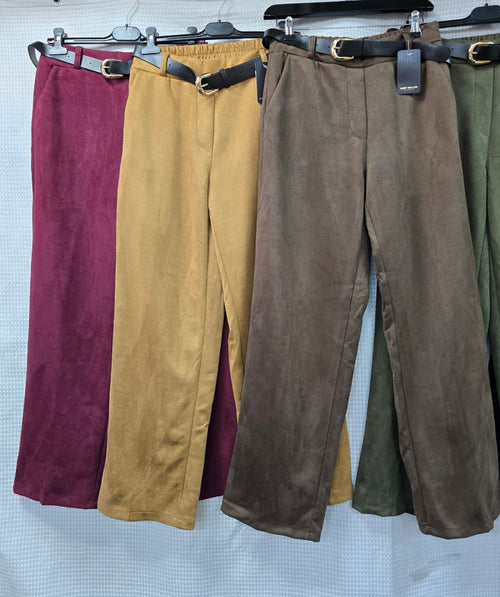 Suedette Plain Straight Leg Belted Trousers