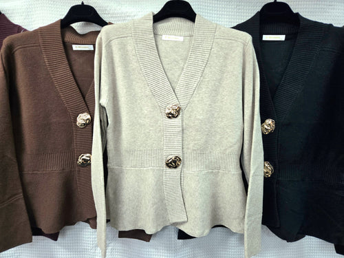 V Neck Molten Gold Button Peplum Cardigan