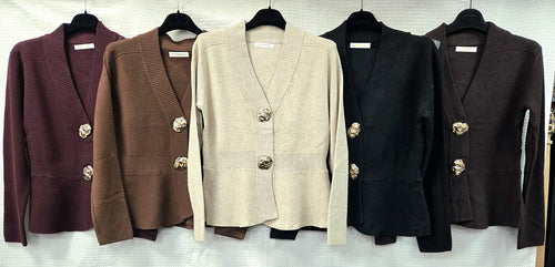 V Neck Molten Gold Button Peplum Cardigan