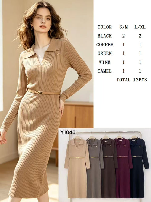 Knitted Bee Brooch Belted Ribbed Maxi Dress