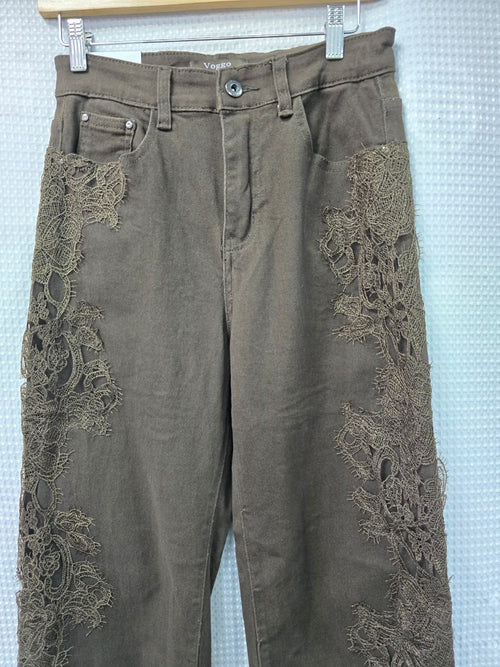Chocolate Brown Side Lace Trim Wide Leg Voggo Jeans