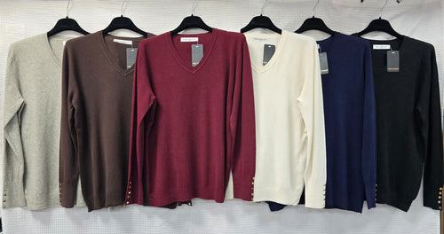 V Neck Relaxed Fit Gold Button Fine Knit