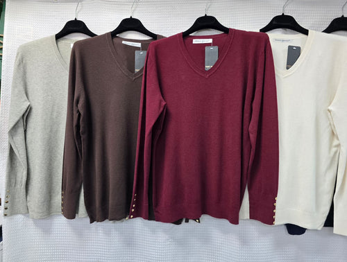 V Neck Relaxed Fit Gold Button Fine Knit
