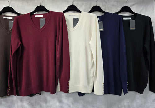 V Neck Relaxed Fit Gold Button Fine Knit