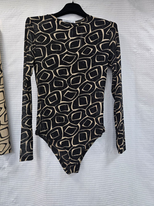 Black Diamante Geo Printed Mesh Bodysuit