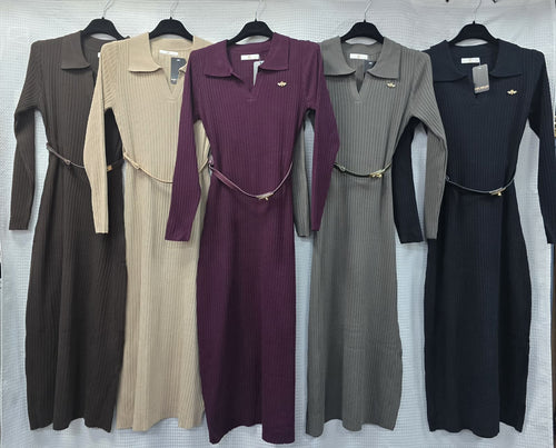 Knitted Bee Brooch Belted Ribbed Maxi Dress