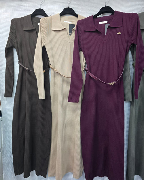 Knitted Bee Brooch Belted Ribbed Maxi Dress