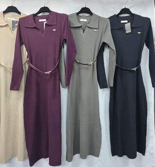 Knitted Bee Brooch Belted Ribbed Maxi Dress