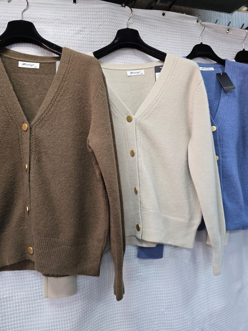 Gold Button Cable Trim Wool blend V Cardigan