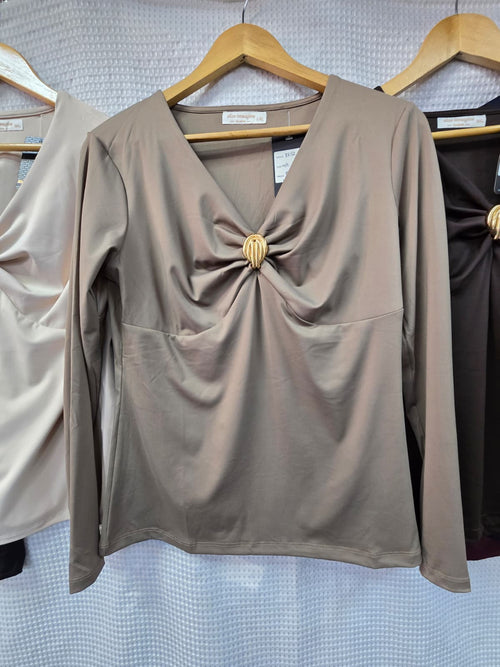 Gold Broch V Neck Scuba Top