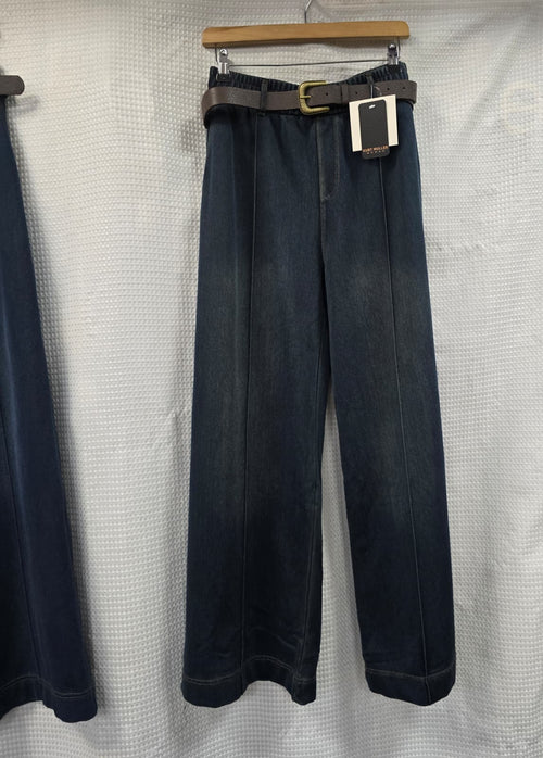 Denim Stretch Cotton Wide Leg Belted Trousers