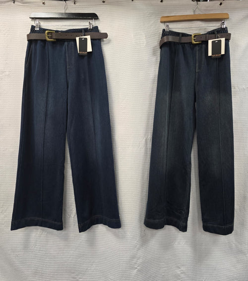 Denim Stretch Cotton Wide Leg Belted Trousers
