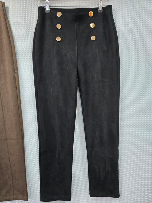 Gold Buton Suedette Straight Leg Trousers