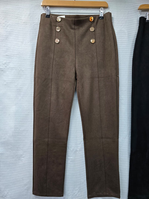 Gold Buton Suedette Straight Leg Trousers