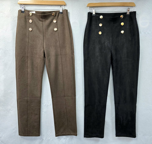 Gold Buton Suedette Straight Leg Trousers