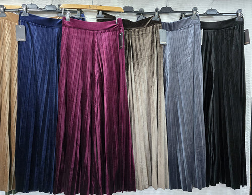 Plain Velvet Velour Wide Leg Plisse Trousers