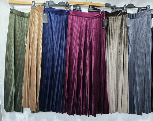 Plain Velvet Velour Wide Leg Plisse Trousers