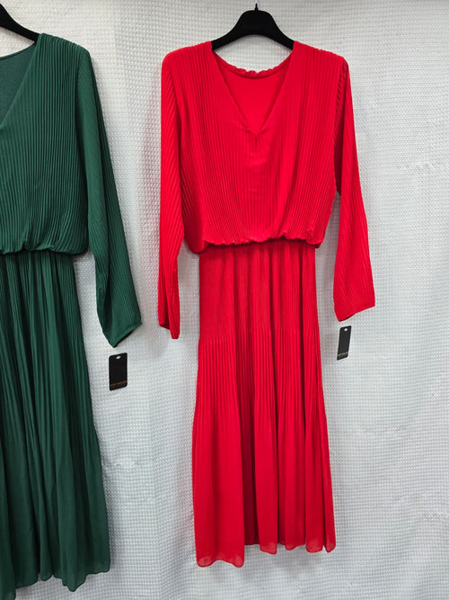 Long Sleeve V Neck Plisse Maxi Dress