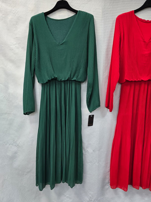 Long Sleeve V Neck Plisse Maxi Dress