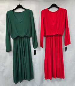 Long Sleeve V Neck Plisse Maxi Dress