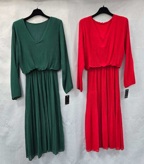 Long Sleeve V Neck Plisse Maxi Dress