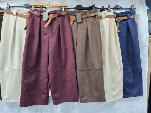 Suedette Belted Barrell Leg Trousers