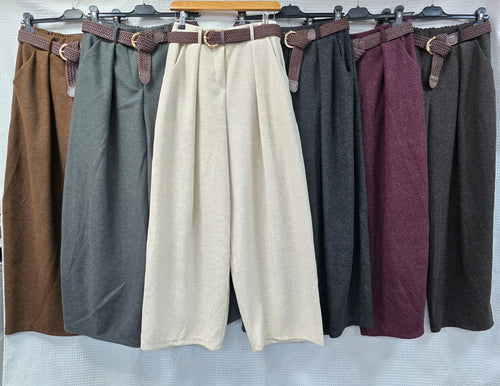 Textured Tweed Barrel Leg Belted Trousers