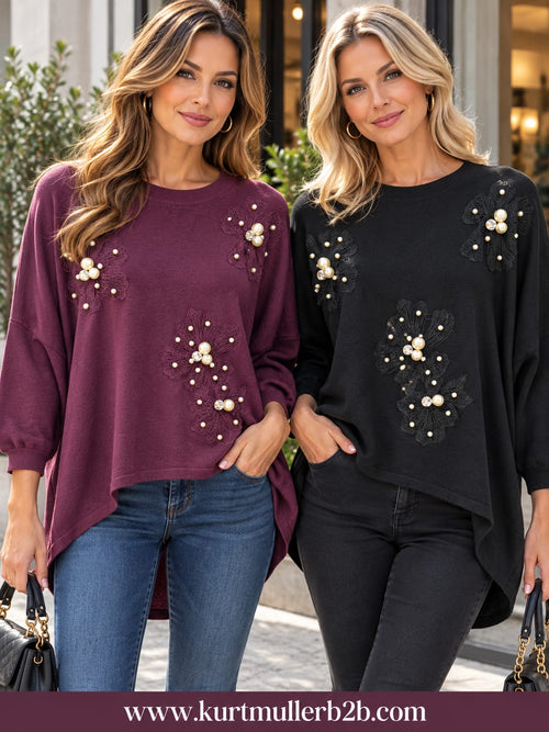 Pearl Embroidery Cotton High Low Tunic Jumper