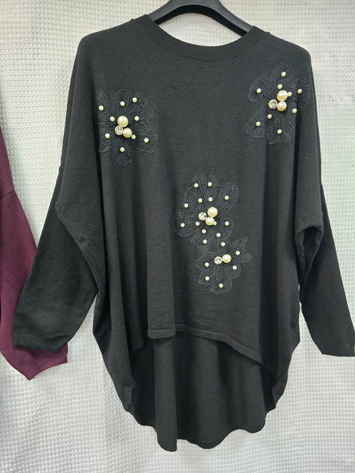 Pearl Embroidery Cotton High Low Tunic Jumper