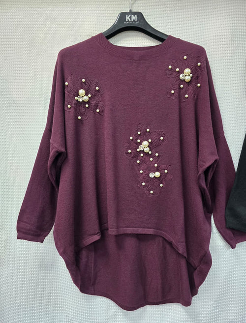 Pearl Embroidery Cotton High Low Tunic Jumper