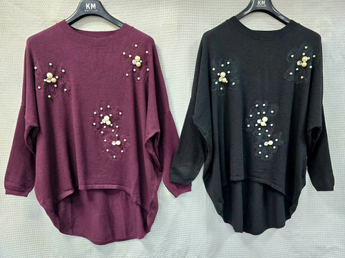 Pearl Embroidery Cotton High Low Tunic Jumper