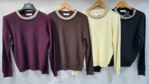 Pearl Embellished Cotton Crew Neck Knit
