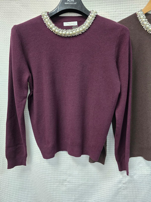 Pearl Embellished Cotton Crew Neck Knit