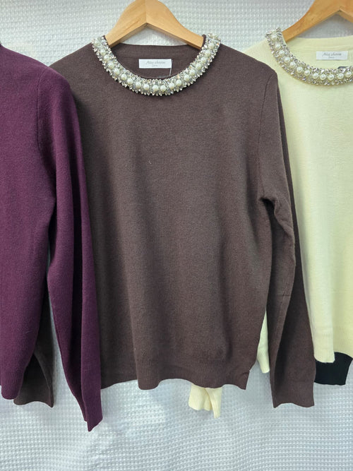 Pearl Embellished Cotton Crew Neck Knit