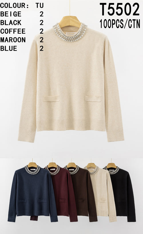 Crystal Neck Faux Pocket Knit Jumper
