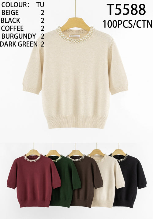 Pearl Neck Fine Knit Top