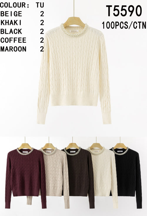 Cable Pearl Crew Neck Fine Knit Top