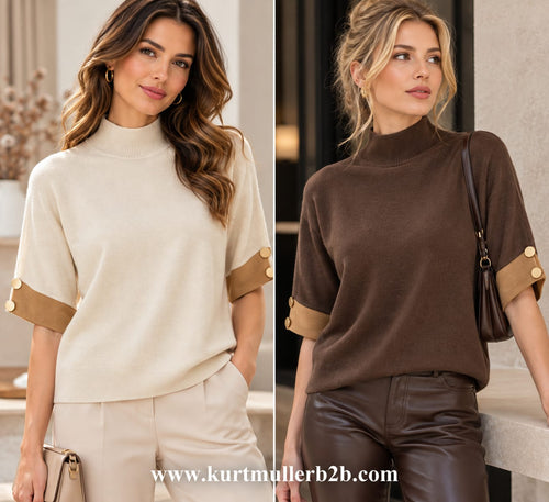 Suedette Sleeve Trim Turtle Neck Knit Jumper