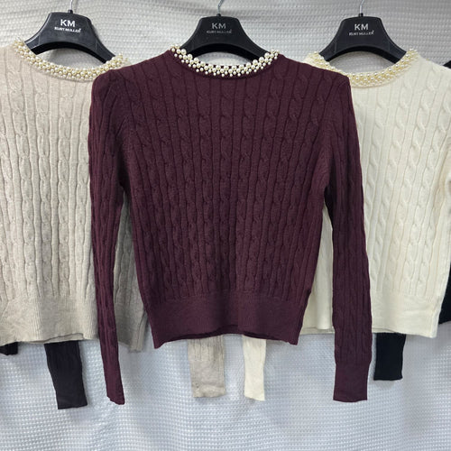 Cable Pearl Crew Neck Fine Knit Top