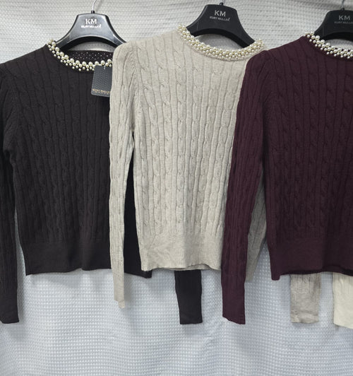 Cable Pearl Crew Neck Fine Knit Top