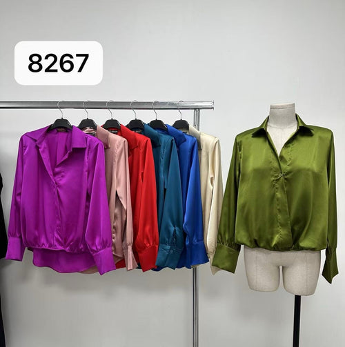 Plain Sateen V Padded Shoulder Blouse