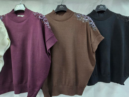 Sequin Pearl Floral Embellished Shoulder Relaxed Knit Jumper