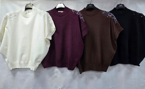 Sequin Pearl Floral Embellished Shoulder Relaxed Knit Jumper