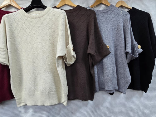 Turn Up Gold Button Sleeve Diamond Embroidery Knit