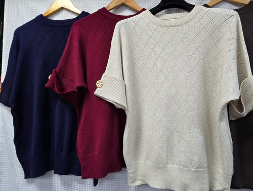 Turn Up Gold Button Sleeve Diamond Embroidery Knit
